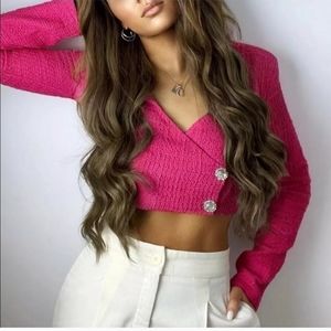 Zara * Cropped Blazer Top Pink Tweed Textured Blogger Favorite